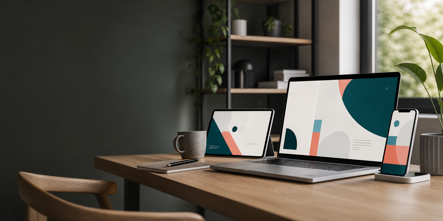 Moderne arbejdsbord med laptop, tablet og telefon